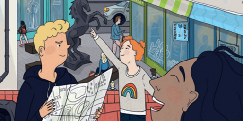 Illustration of people looking around using a map